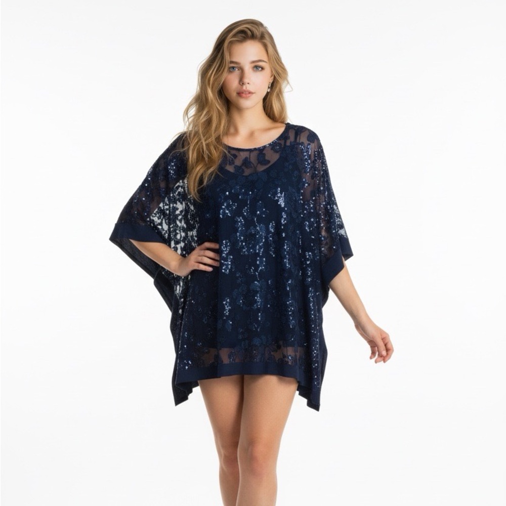 Oleg Cassini Tank with Overlay of Lace Fliral Pattern & Sequins Navy Blue 16W
